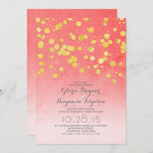 Invitation Parties scintillant d'or confetti corail rose mari (Devant / Derrière)