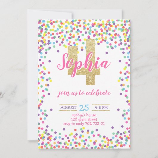Invitation Parties scintillant d'or Confetti couleur 4e anniv (Devant)