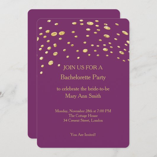 Invitation Parties scintillant d'or Confetti Éclats violet Ba (Devant / Derrière)