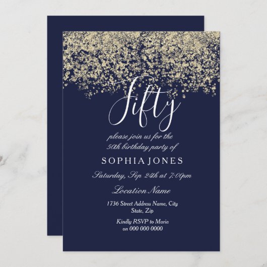 Invitation Parties scintillant d'or Confetti Marine 50e anniv (Devant / Derrière)