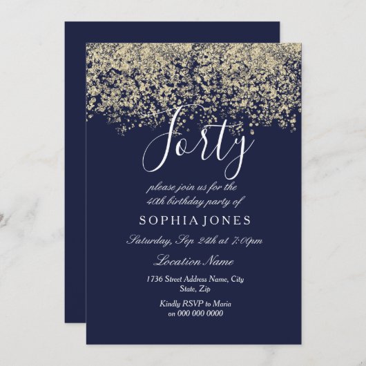 Invitation Parties scintillant d'or Confetti Marine Invitatio (Devant / Derrière)