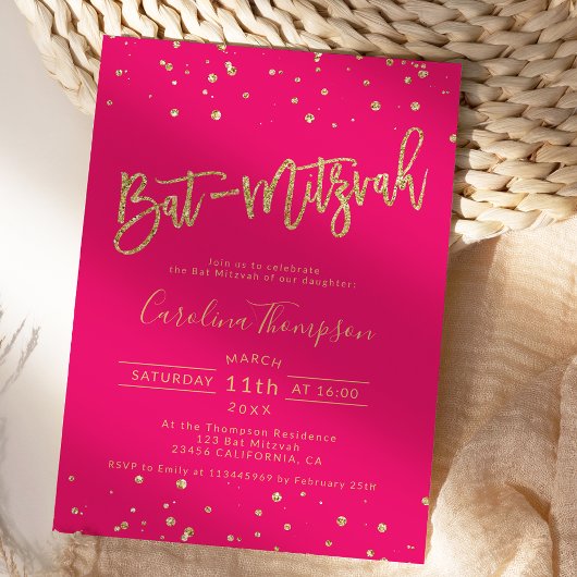 Invitation Parties scintillant d'or confetti neon rose Bat mi