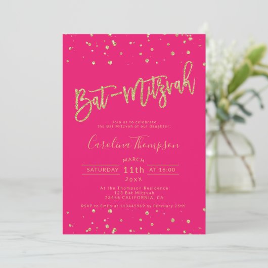 Invitation Parties scintillant d'or confetti neon rose Bat mi (Debout devant)