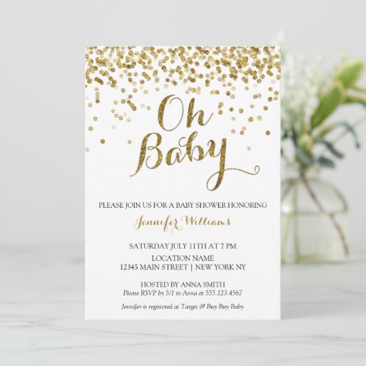 Invitation Parties scintillant d'or Confetti Oh Baby, Invitat (Debout devant)