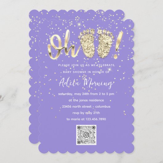 Invitation Parties scintillant d'or Confetti Pieds bébé fille (Devant / Derrière)