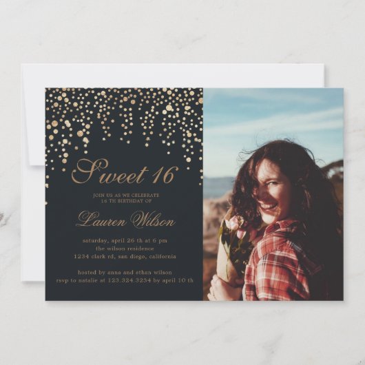 Invitation parties scintillant d'or confetti sur sweet sixtee (Devant)