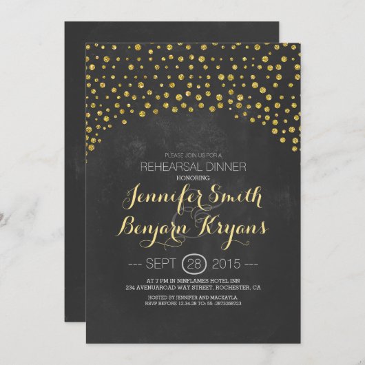 Invitation parties scintillant d'or confetti table de répétit (Devant / Derrière)