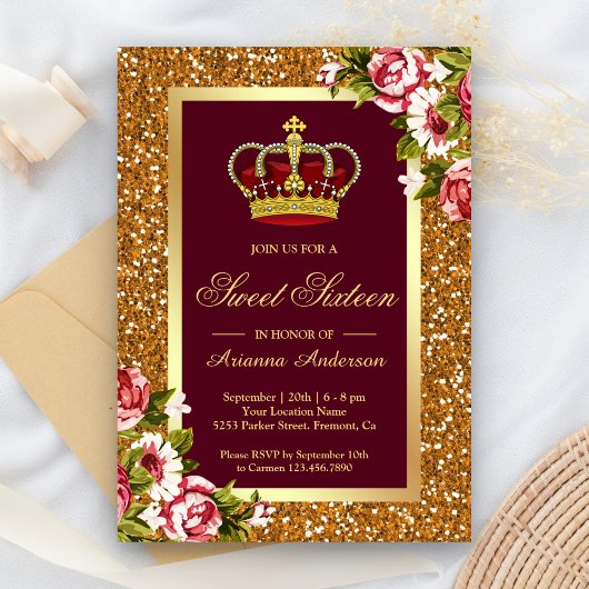 Invitation Parties scintillant d'or Couronne Bourgogne Sweet