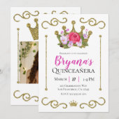 Invitation Parties scintillant d'or Couronne Florale Photo Qu (Devant / Derrière)