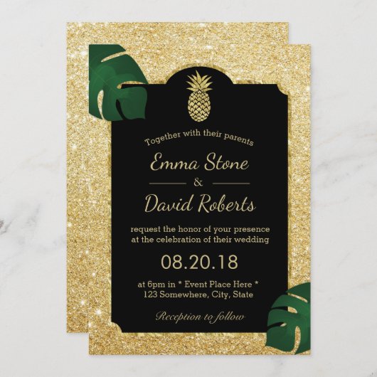 Invitation Parties scintillant d'or d'ananas tropicale Mariag (Devant / Derrière)