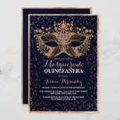 Invitation Parties scintillant d'or de la marine Masquerade C (Devant / Derrière)