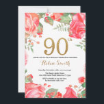 Invitation Parties scintillant d'or de la Red Floral 90th Bir<br><div class="desc">Invitation à l'anniversaire de la Florale Rouge pour les femmes. Aquarelle Fleur botanique florale. Parties scintillant d'or. Pignons Roses Fleurs Florales. Anniversaire adulte.
Pour plus de personnalisation,  cliquez sur le bouton "Customiser" et utilisez notre outil de conception pour modifier ce modèle.</div>