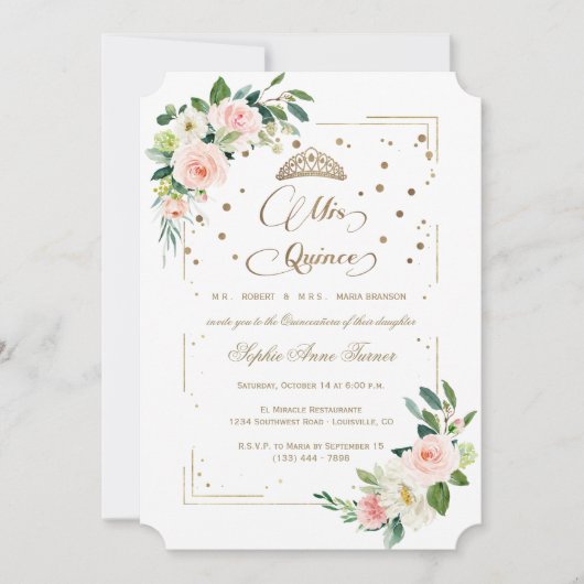 Invitation Parties scintillant d'or de luxe Floral Mis Quince (Devant)