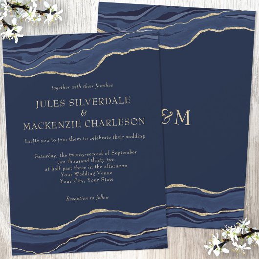 Invitation Parties scintillant d'or de marbre bleu marine Mar