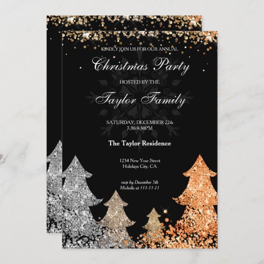 Invitation Parties scintillant d'or d'hiver Noël Arbre de fêt (Devant / Derrière)