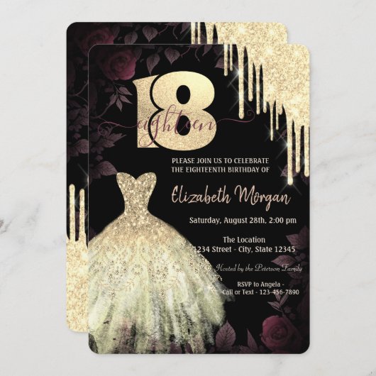 Invitation Parties scintillant d'or Drips robe gothique 18e a (Devant / Derrière)