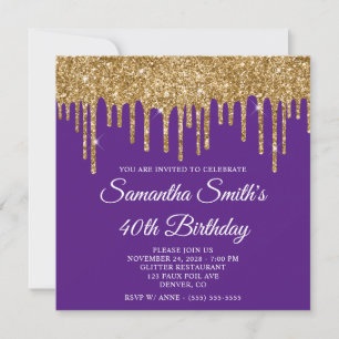 Invitation Parties scintillant d'or Drips Royal violet 40e an