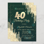 Invitation Parties scintillant d'or Drips Vert 40e anniversai (Devant / Derrière)