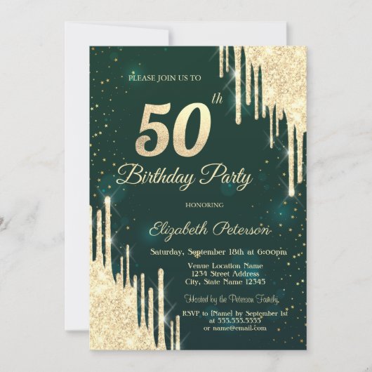 Invitation Parties scintillant d'or Drips Vert 50e anniversai (Devant)
