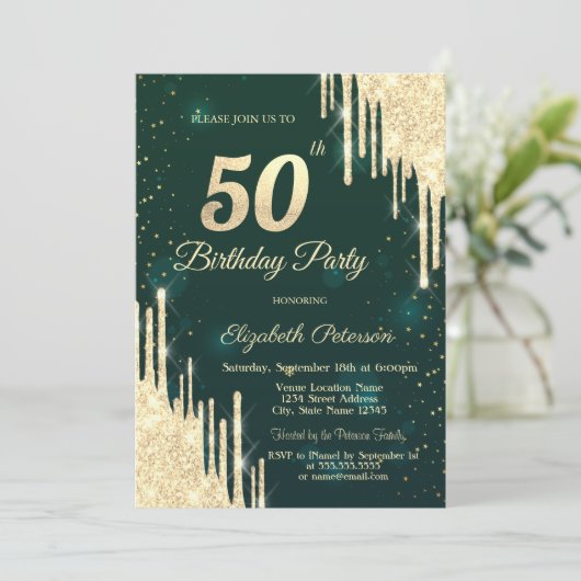 Invitation Parties scintillant d'or Drips Vert 50e anniversai (Debout devant)