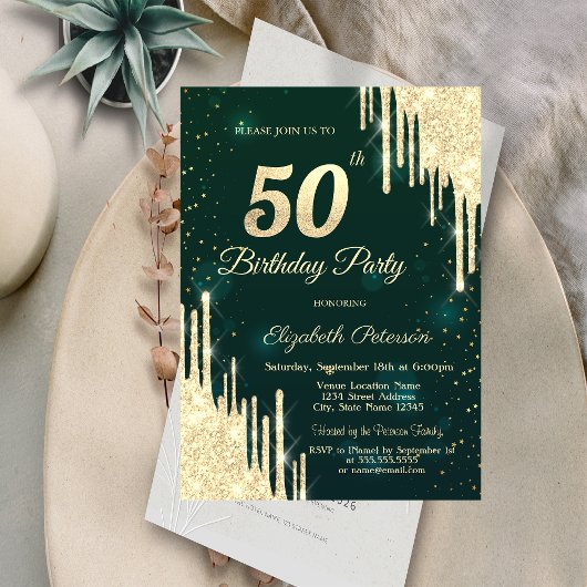 Invitation Parties scintillant d'or Drips Vert 50e anniversai