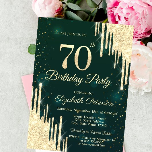 Invitation Parties scintillant d'or Drips Vert 70e anniversai
