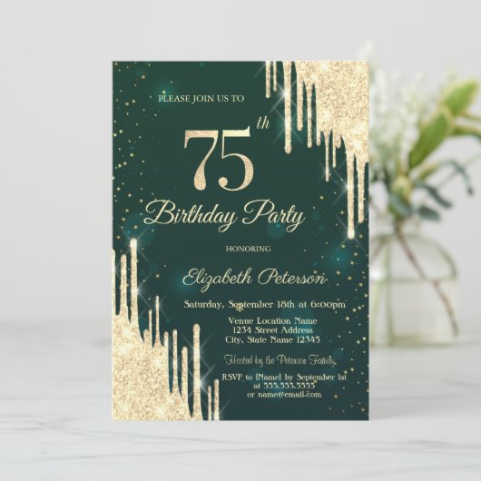Invitation Parties scintillant d'or Drips Vert 75e anniversai (Debout devant)