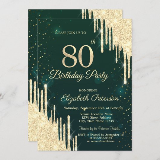 Invitation Parties scintillant d'or Drips Vert 80e anniversai (Devant / Derrière)