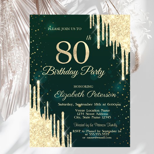 Invitation Parties scintillant d'or Drips Vert 80e anniversai