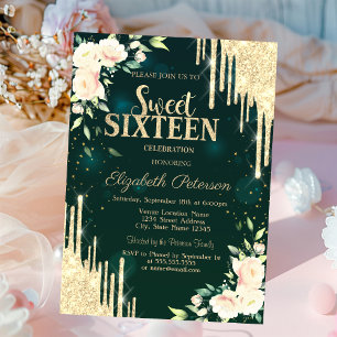Invitation Parties scintillant d'or Drives Floral Green
