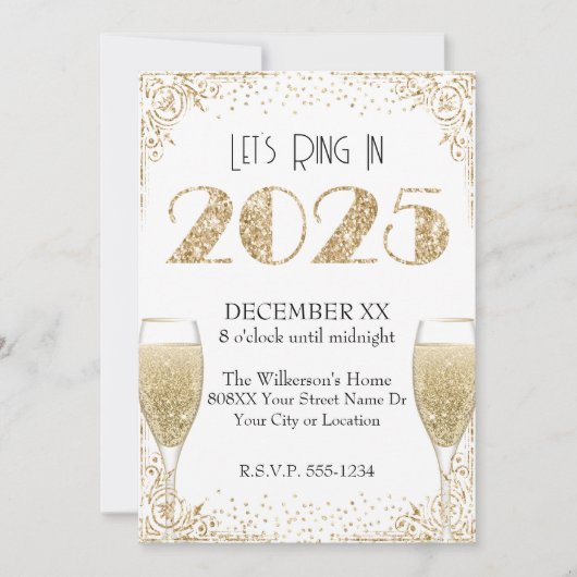 Invitation Parties scintillant d'or du Nouvel An 2025 Champag (Devant)