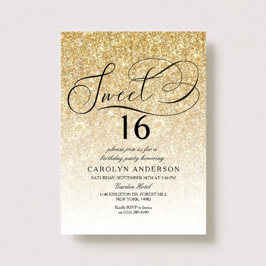 Invitation Parties scintillant d'or élégant Script Sweet 16 A