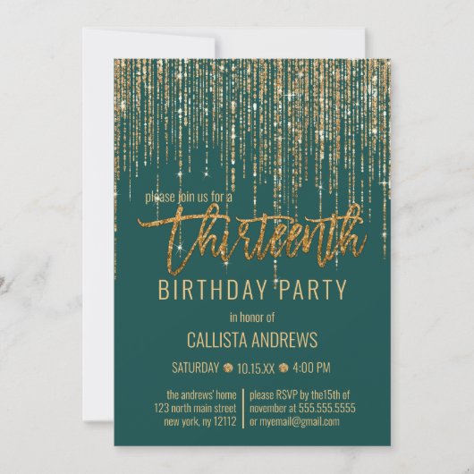 Invitation Parties scintillant d'or Emerald Green Fringe 13e  (Devant)