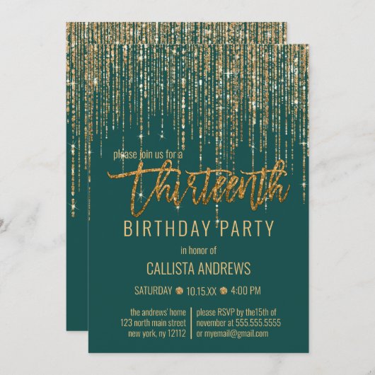 Invitation Parties scintillant d'or Emerald Green Fringe 13e  (Devant / Derrière)