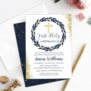 Invitation Parties scintillant d'or en couronne bleue marine 