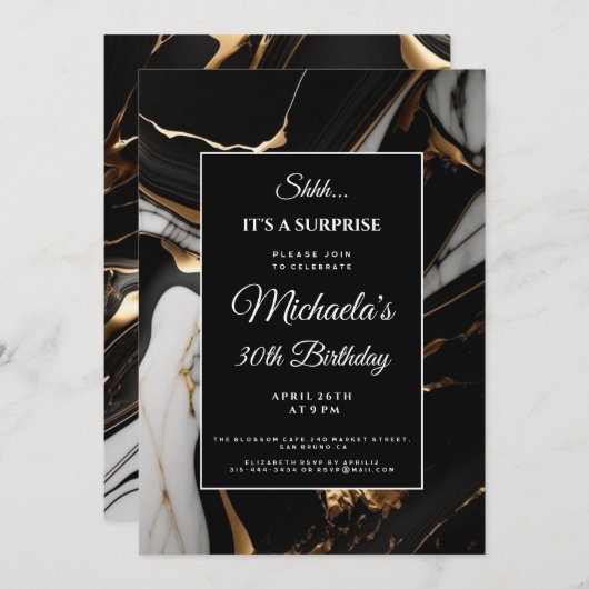 Invitation parties scintillant d'or en marbre liquide surpris (Devant / Derrière)