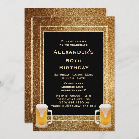 Invitation Parties scintillant d'or encadrée et bière (Devant / Derrière)