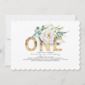 Invitation Parties scintillant d'or et fleurs blanches 1er an (Devant)