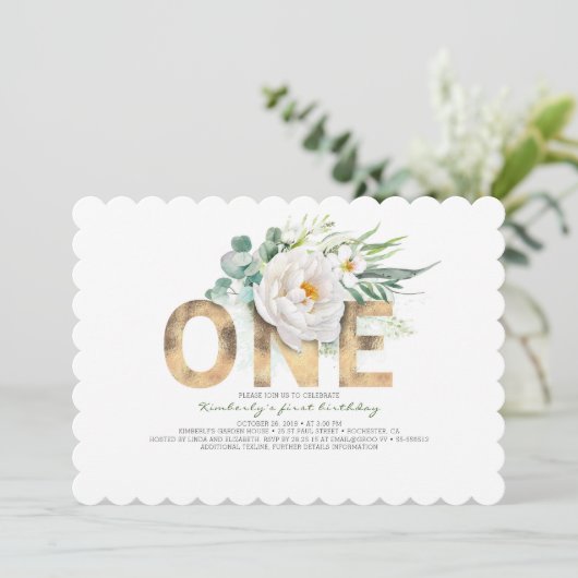 Invitation Parties scintillant d'or et fleurs blanches 1er an (Debout devant)