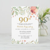 Invitation Parties scintillant d'or et fleurs d'aquarelle 90e (Debout devant)