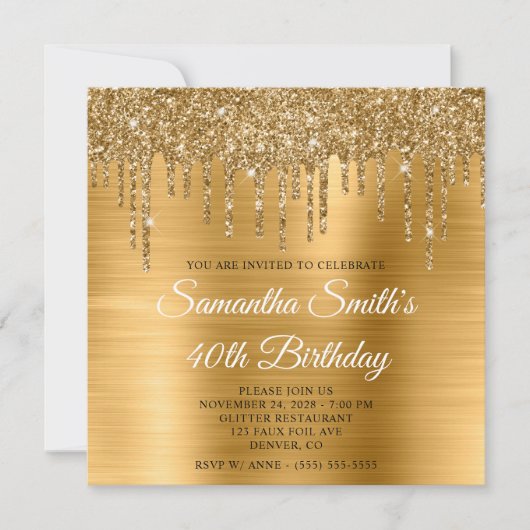 Invitation Parties scintillant d'or et Foil 40e anniversaire (Devant)