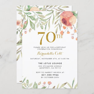 Invitation Parties scintillant d'or et Roses peints 70e anniv