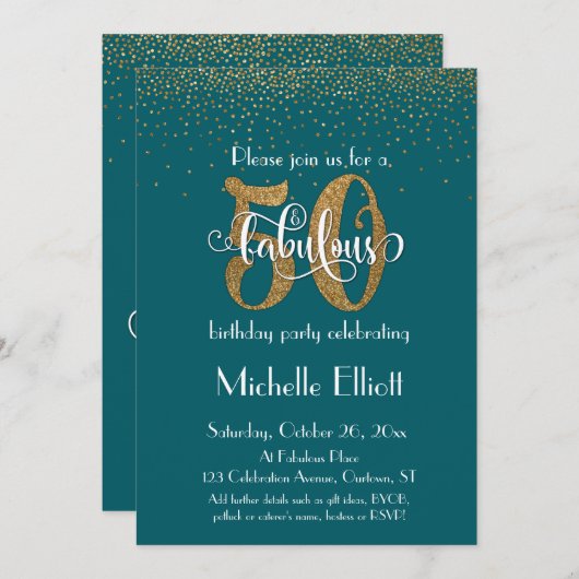 Invitation Parties scintillant d'or et script 50 & Fabulous, (Devant / Derrière)