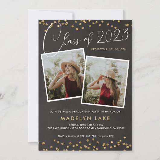 Invitation Parties scintillant d'or et script Diplôme photo v (Devant)