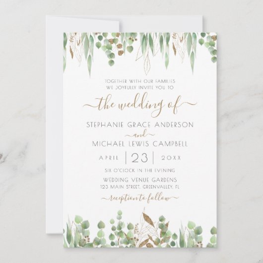 Invitation Parties scintillant d'or Eucalyptus Mariage vert (Devant)