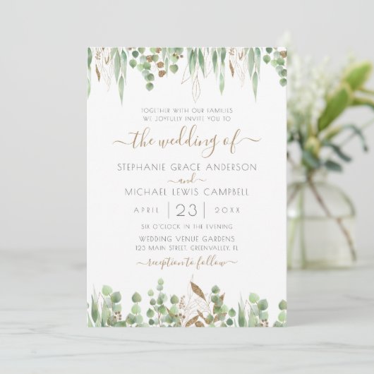 Invitation Parties scintillant d'or Eucalyptus Mariage vert (Debout devant)