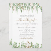 Invitation Parties scintillant d'or Eucalyptus Mariage vert (Devant / Derrière)