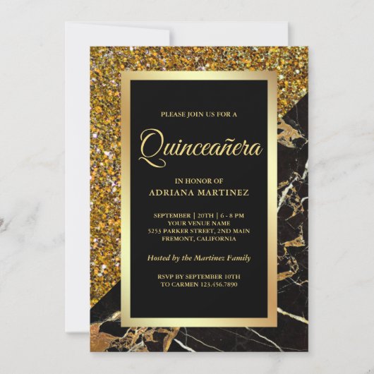 Invitation Parties scintillant d'or Faux Marbre d'or noir Qui (Devant)