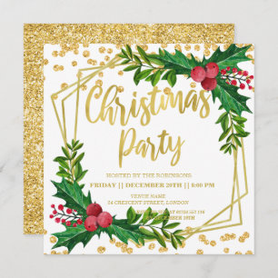Invitation Parties scintillant d'or Festive Holly Frame Parti
