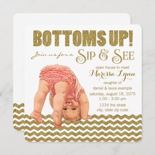 Invitation Parties scintillant d'or filles Sip et voir (Devant / Derrière)